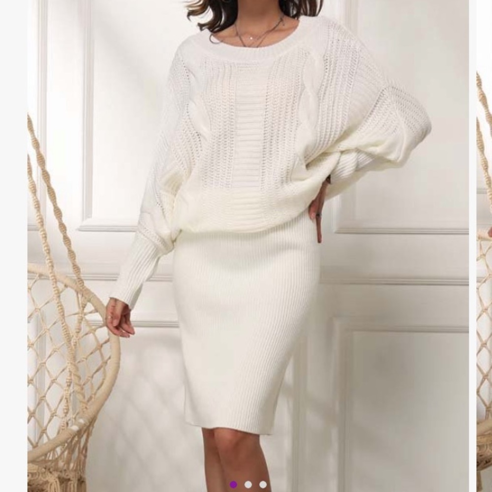New White Blouson Cable Knit Sweater Dress Size M